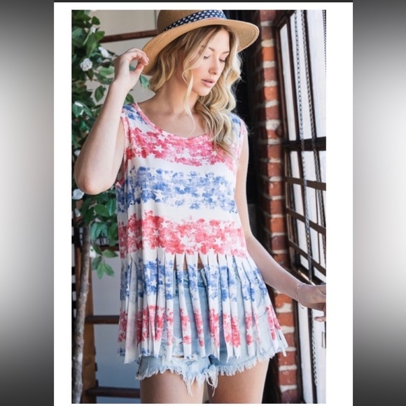 A Girl Thing Hopely Red, White white and Blue top.  Sleeveless fringe on bottom - Picture 5 of 9